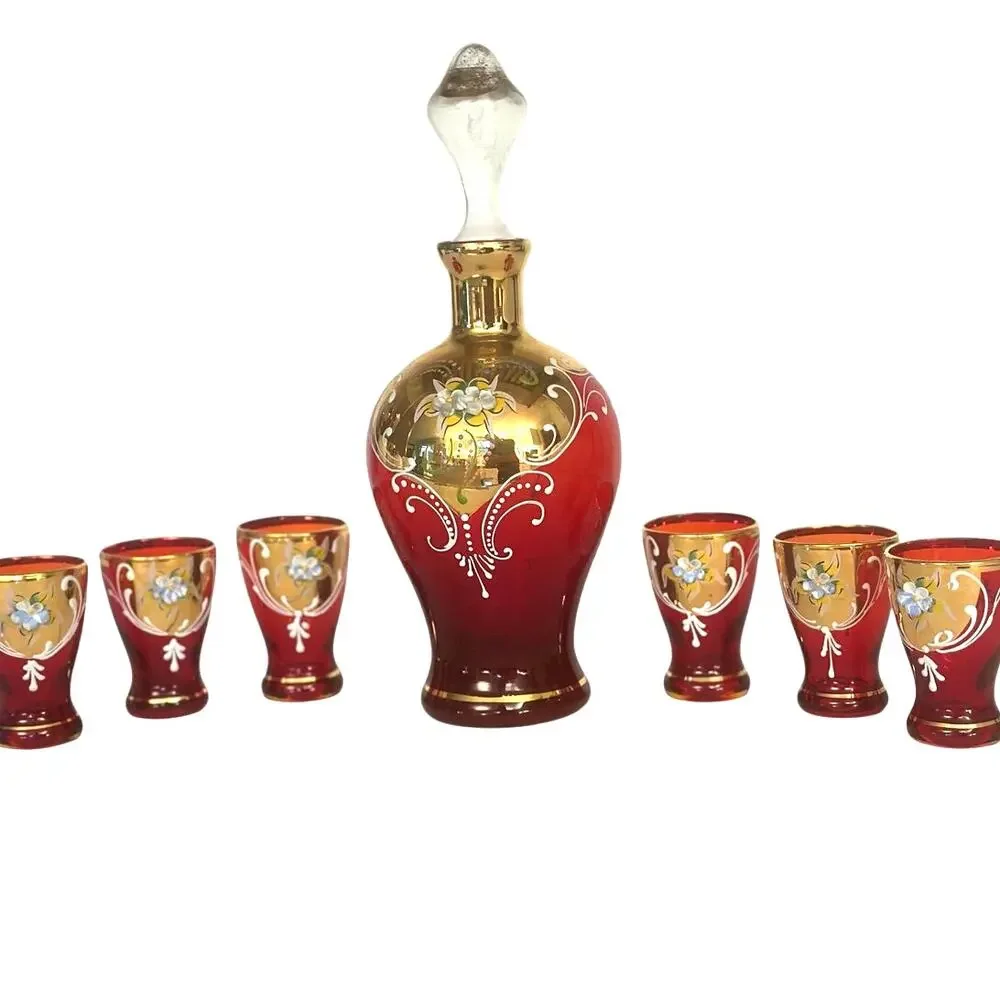 Bohemian Cranberry Glass Decanter Shot Glass Set Hand Painted Gold Floral Design